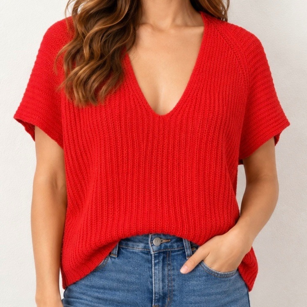Cabi Red Ribbed V-Neck Short Sleeve Sweater 5837 Womens Small